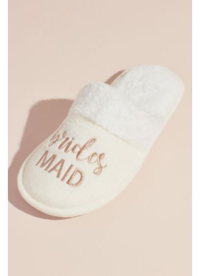 Fuzzy Bridesmaids Slide Slippers - Detailed with a faux-fur cuff and embroidered with